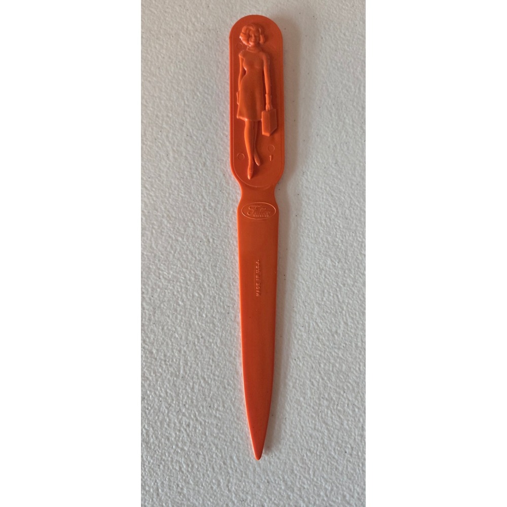 Vintage Fuller Brush Co Orange Letter Opener Man Woman Salesman MCM Made in USA